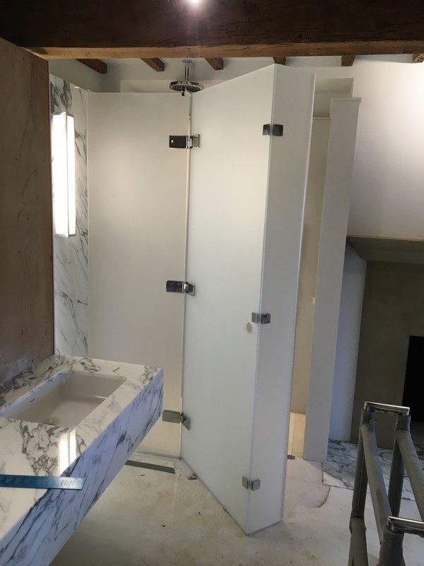 Bespoke frosted glass shower enclosure in Borehamwood luxury bathroom